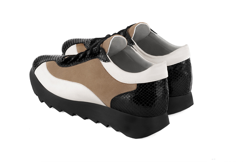 Satin black, biscuit beige and off white women's elegant sneakers. Round toe. Low rubber soles. Rear view - Florence KOOIJMAN